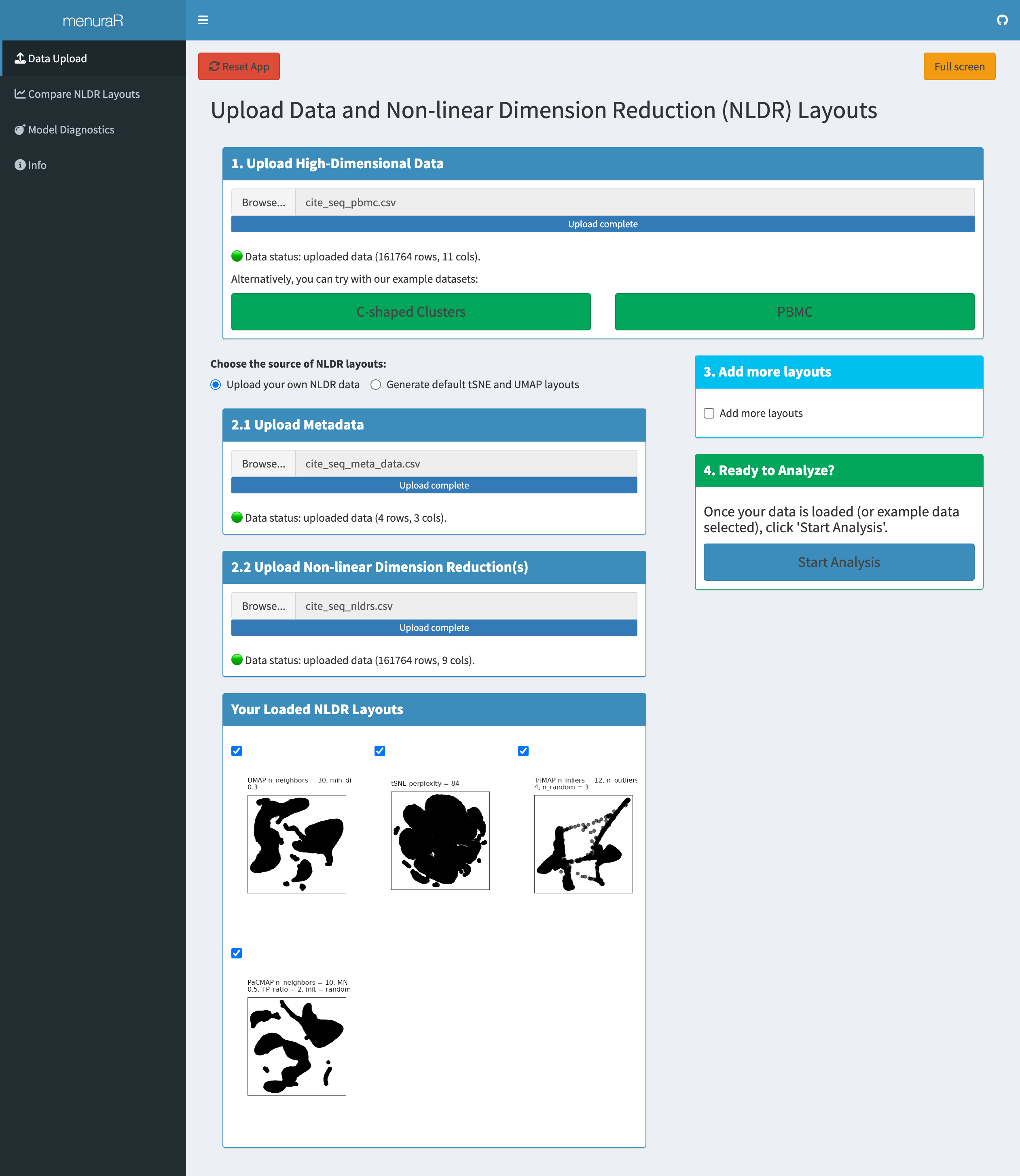 A screenshot of the Data Upload tab in the menuraR interface. The main panel displays the PBMC CITE-seq dataset alongside a list or grid of available nonlinear dimensionality reduction (NLDR) layouts. These include a published UMAP layout and several alternative embeddings generated using tSNE, TriMAP, and PaCMAP with different hyper-parameter settings. A side panel titled Your Loaded NLDR Layouts shows the layouts that have been uploaded or selected by the user. The interface allows users to view, compare, and manage multiple NLDR layouts for the same dataset within a single workspace.