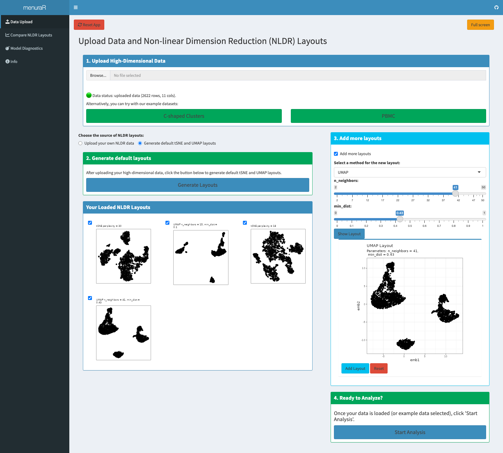 A screenshot of the Data Input tab in the menuraR Shiny application. The interface shows controls for uploading a high-dimensional dataset or selecting a built-in example, along with options to generate new nonlinear dimensionality reduction (NLDR) layouts or upload precomputed embeddings. A panel lists the currently loaded layouts, with buttons or controls to adjust hyper-parameters, add new layouts, and manage which embeddings are available for later comparison.