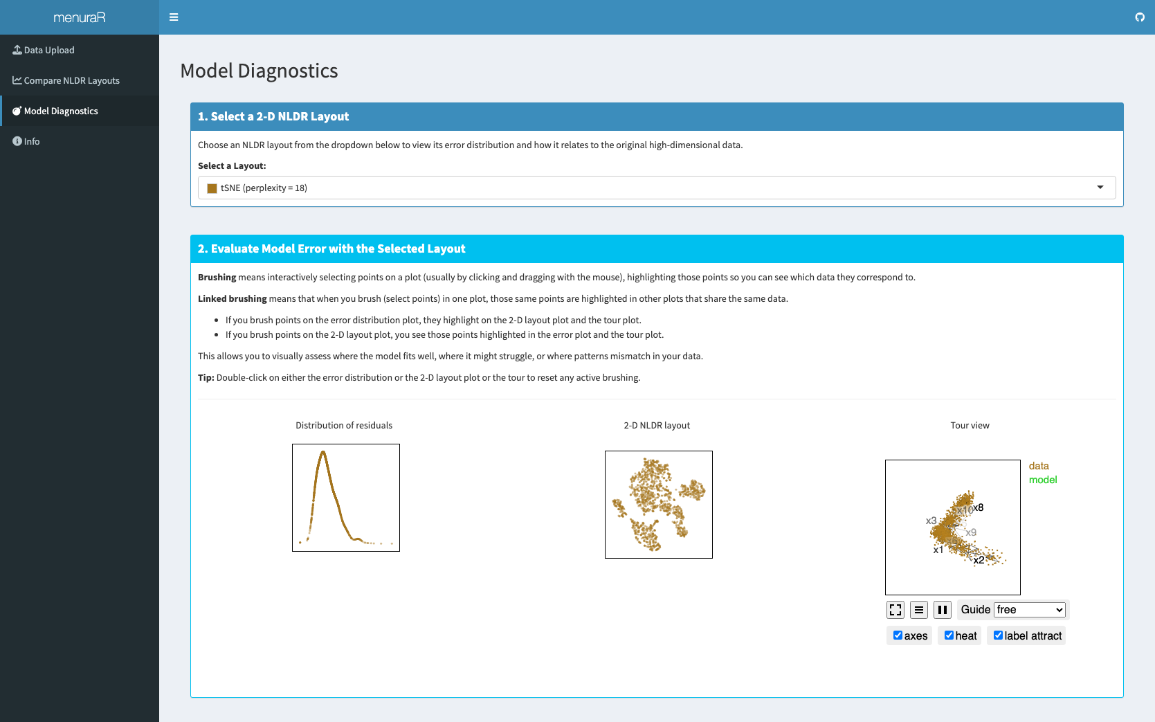 A screenshot of the Model Diagnostics interface in menuraR. The display includes linked views showing the distribution of model error, a selected 2D NLDR layout, and the fitted model overlaid on projections of the high-dimensional data. Interactions such as selection or brushing link the plots, allowing users to explore how model fit and distortions vary across regions of the layout. Controls indicate which 2D layout is currently selected, with options to switch to alternative embeddings.