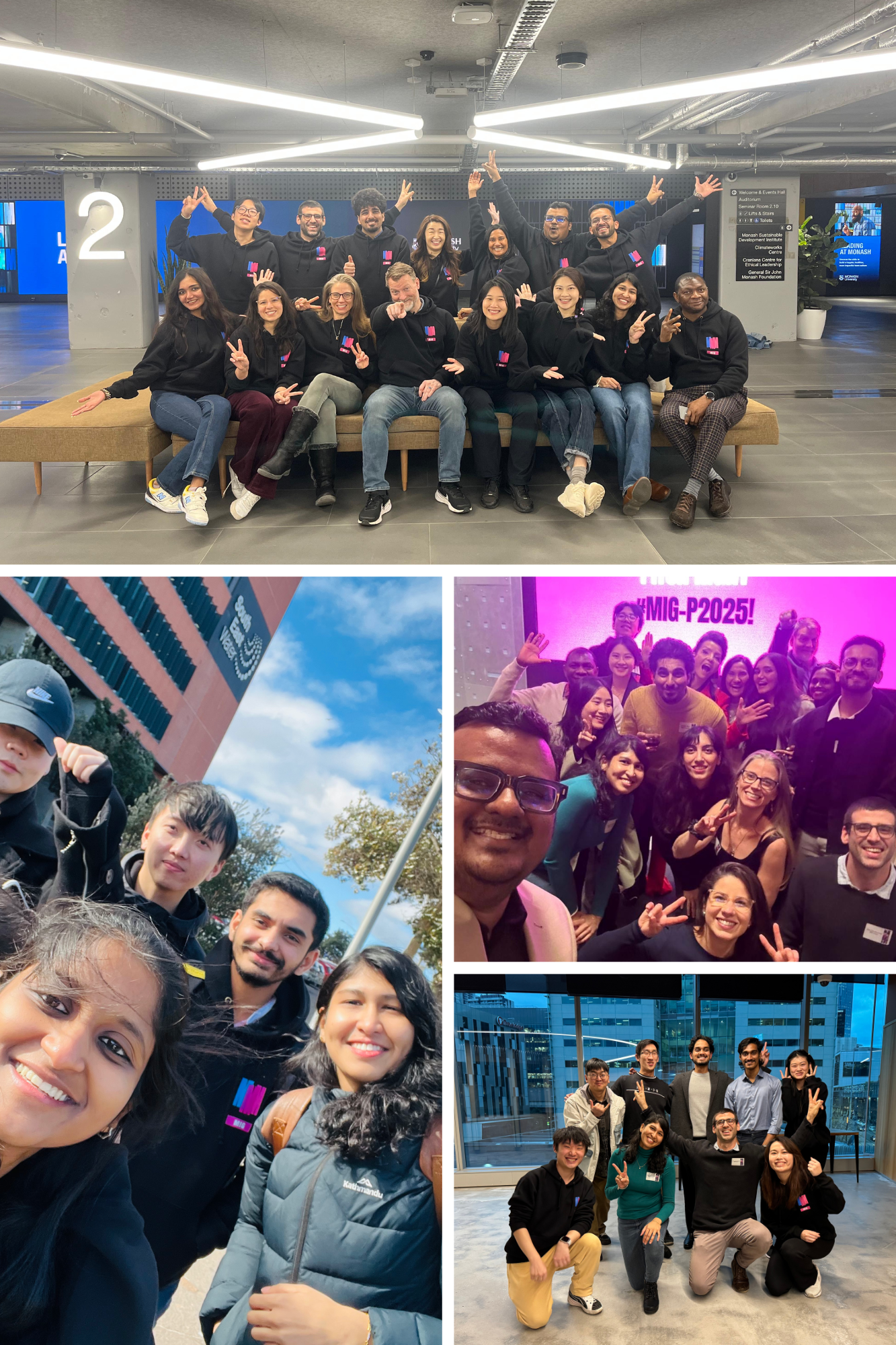 Photographs capturing mentoring activities with master’s students in the Monash Innovation Guarantee Postgraduate (MIG-P) program in July 2025. The images show small groups of students engaged in discussion, collaborative problem solving, and creative planning around tables or whiteboards, reflecting team-based project work.