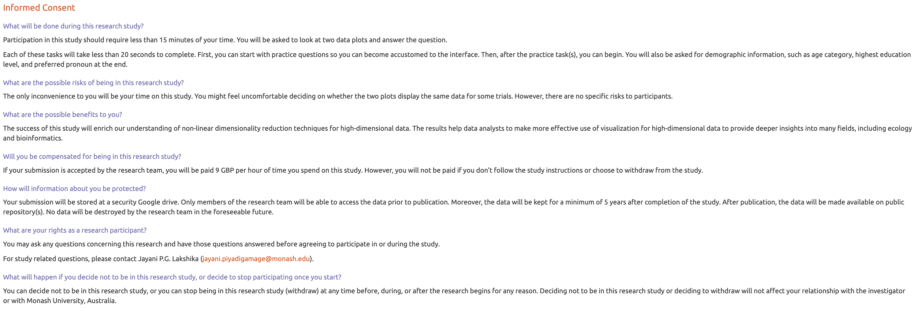 A screenshot of the introduction page of the Shiny survey application. The page contains a title and several paragraphs explaining the purpose of the study and providing instructions on how to complete the visual comparison tasks. Text explains what subjects will see during the experiment and how to submit responses. Navigation buttons are shown at the bottom of the page, allowing subjects to proceed to the consent form, try example trials, or begin the study.