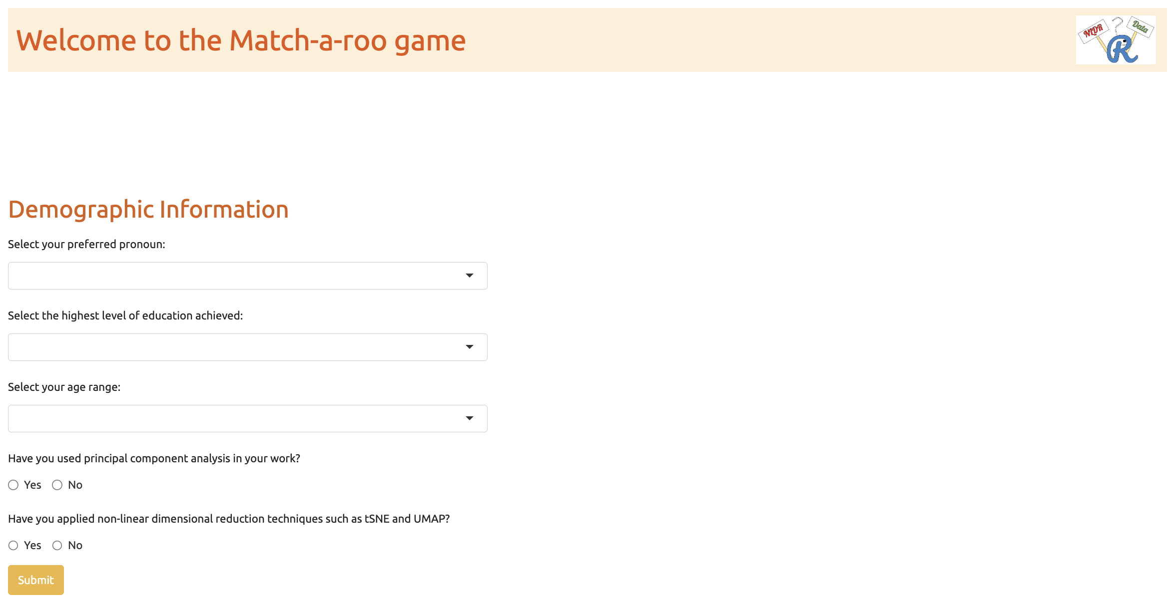 A screenshot of the demographics questionnaire displayed after the completion of all trials. The page contains several questions asking subjects about their preferred pronoun, highest level of education attained, age category, and experience with statistical techniques. Checkboxes or selection inputs ask whether subjects have used principal component analysis and nonlinear dimensionality reduction methods such as tSNE or UMAP. A button is provided to submit the demographic information.