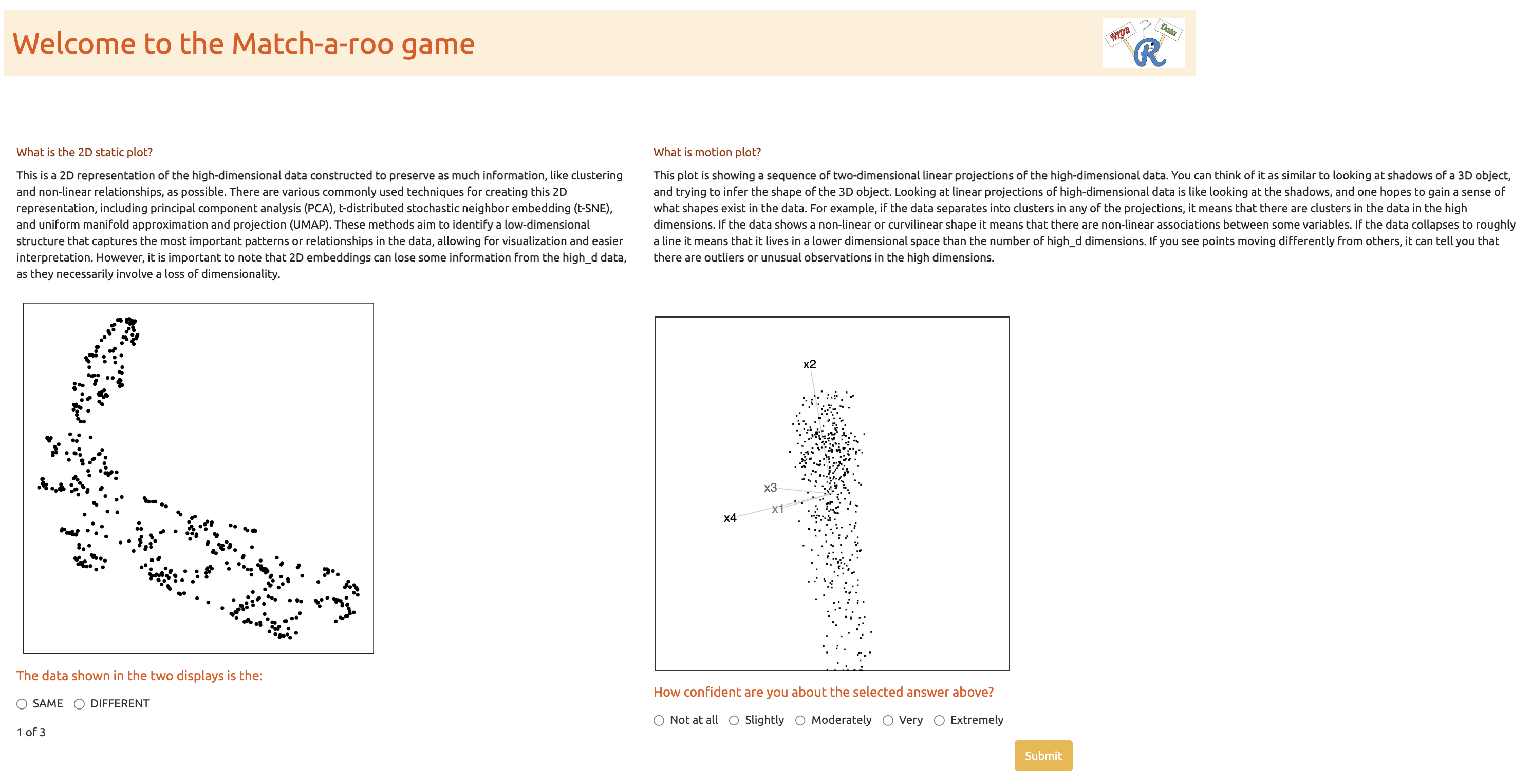 A screenshot of the example trials interface in the survey application. The page displays sample visualizations similar to those used in the main experiment, allowing subjects to practice the task. Instructions explain that these examples are for familiarization only and that responses are not recorded. Controls are shown for navigating through three example trials before starting the actual study.