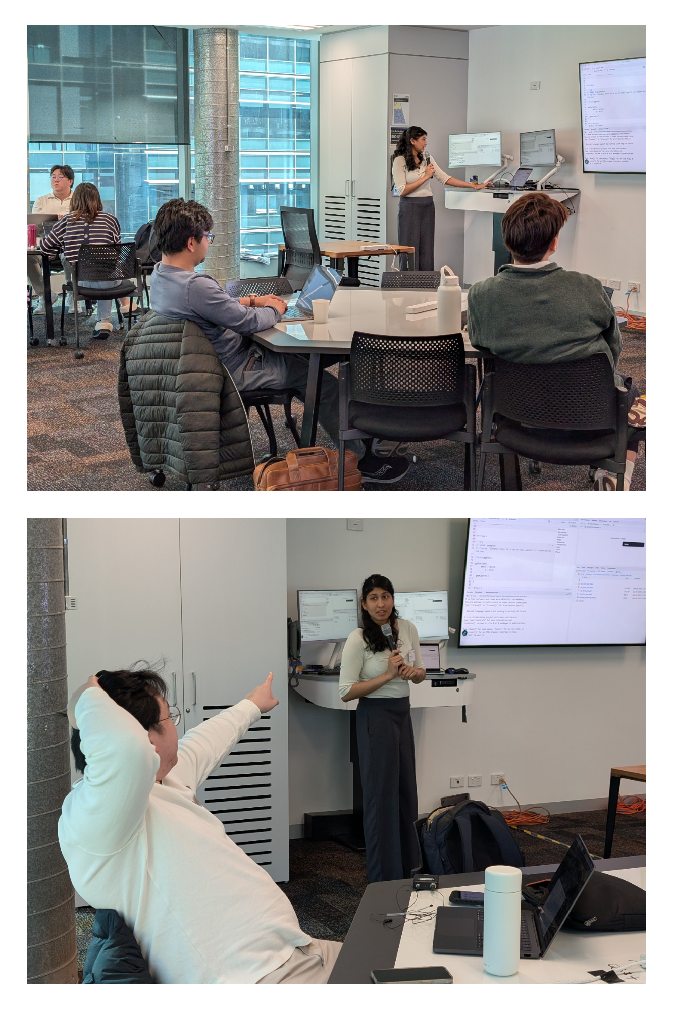 A set of photographs from the Reproducible Reporting and Research with Quarto workshop held in September 2025. Images show the presenter leading sessions, participants working on laptops, and slides or screens displaying code and documents, illustrating an interactive, hands-on training environment focused on reproducible research and academic writing.